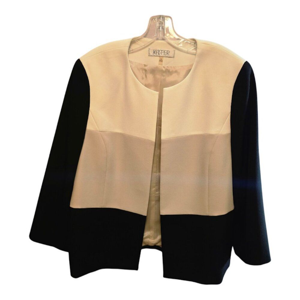 KASPER OPEN FRONT BLAZER JACKET TAN BLACK CREAM SIZE 14 COLORBLOCK 3/4 SLEEVE